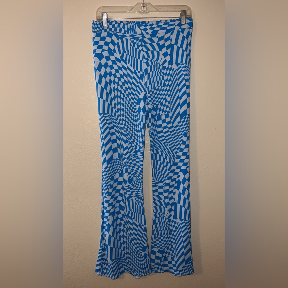 Blue and White Checkered Flare Pants